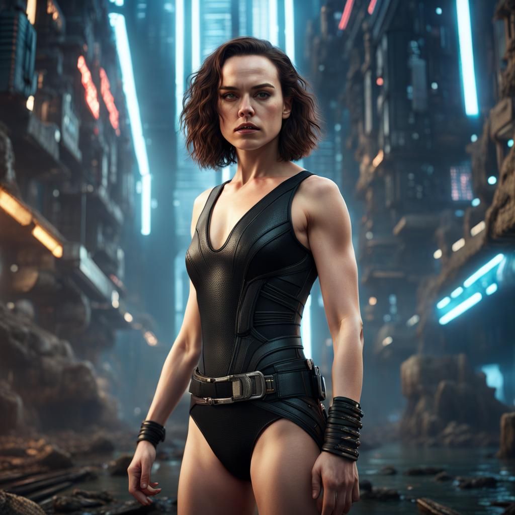 Daisy Ridley in cyberpunk world