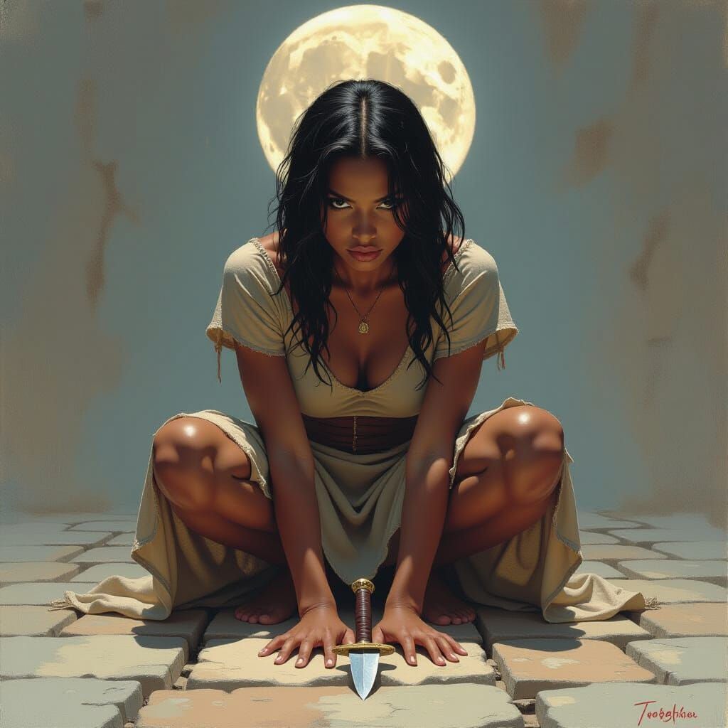 Young Woman Hiding Dagger in Afrofuturist Style