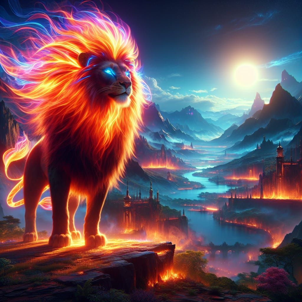 Neon Fire Lion in Fantasy Landscape