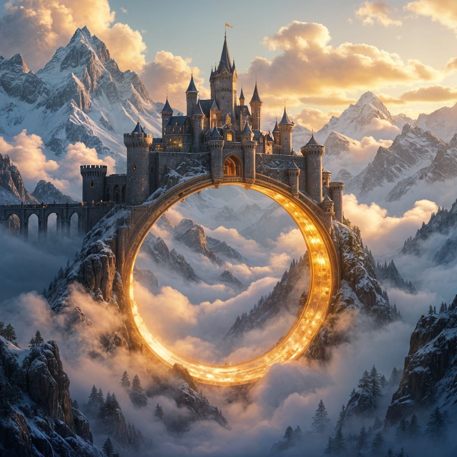 Ancient Mountain Castle on Glowing Golden Ring