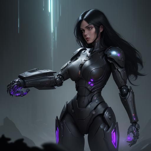 Militant Black-Haired Robot Woman: Dark Fantasy Art