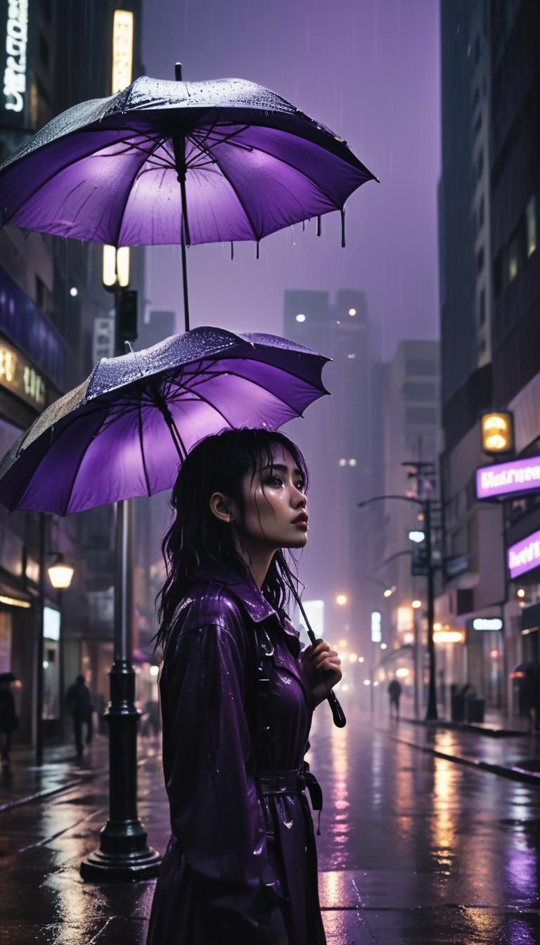 Cute Gothic punk girl, thunder storm, purple moon, heavy rai...