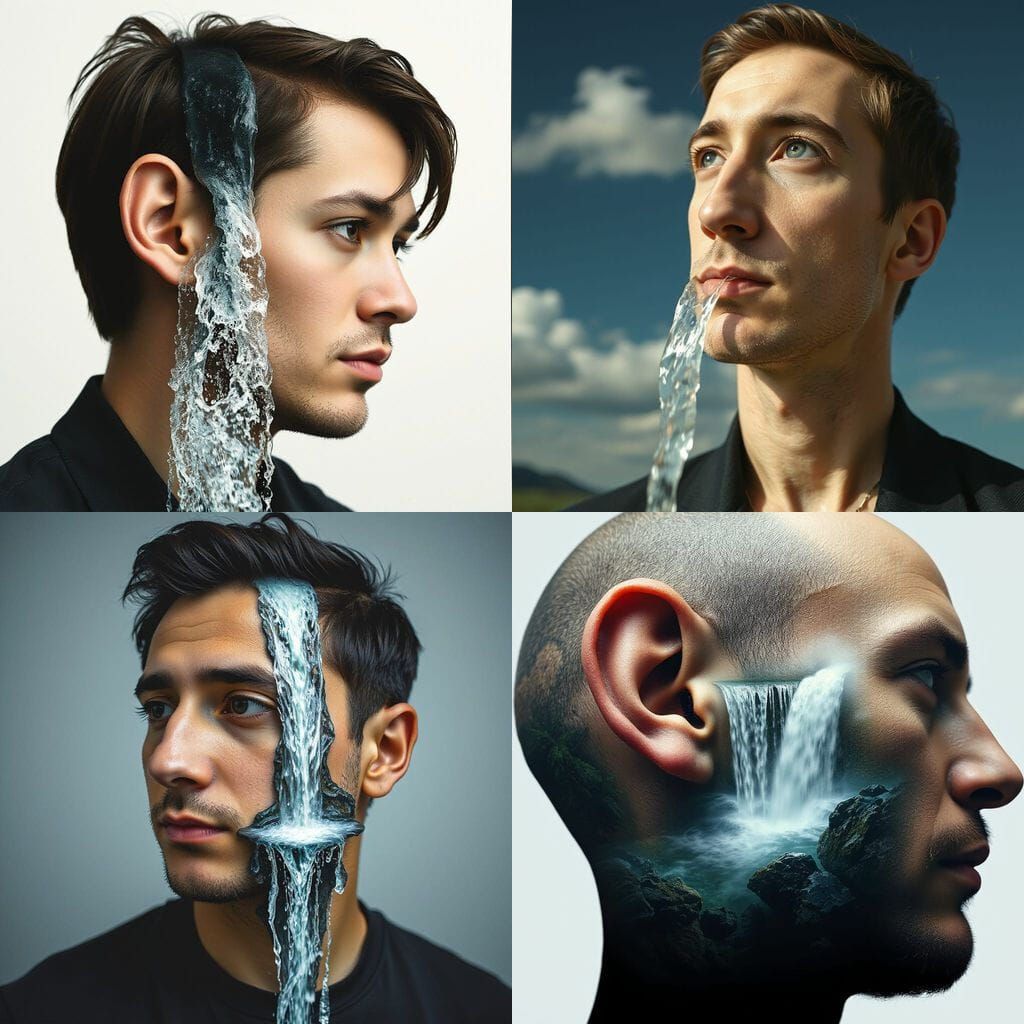 Surreal Man Portrait with Waterfall Ear