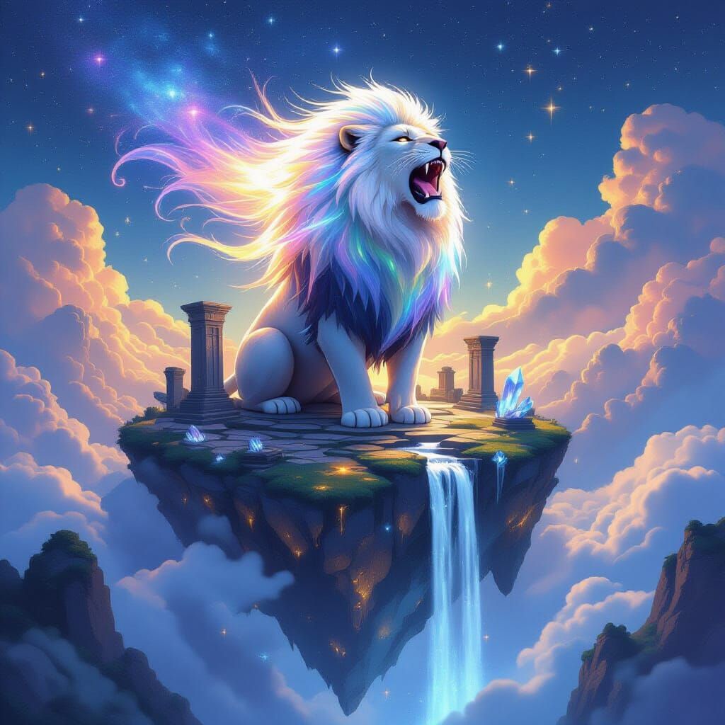 Celestial Lion Roaring From Floating Island, Digital Paintin...