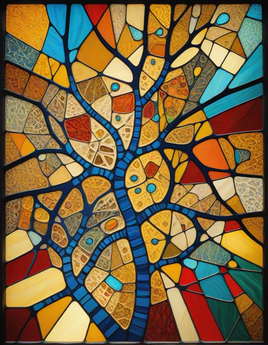 Cubist Neuron Image with Inca Textile Elements