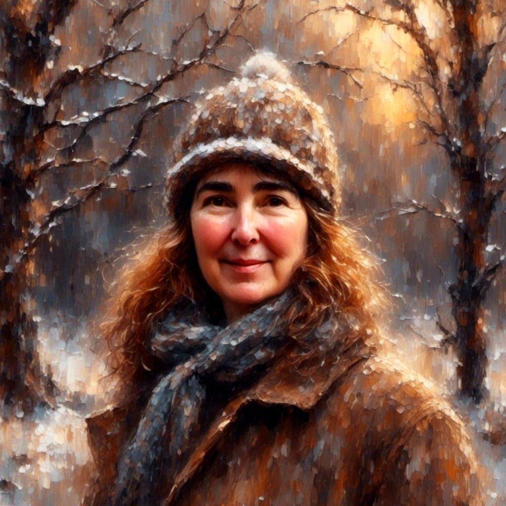 Woman in Snowy Landscape: Impressionist Winter Portrait