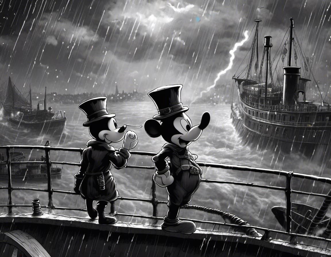 Steampunk Mickey Mouse on Steamboat, 1930s Cartoon