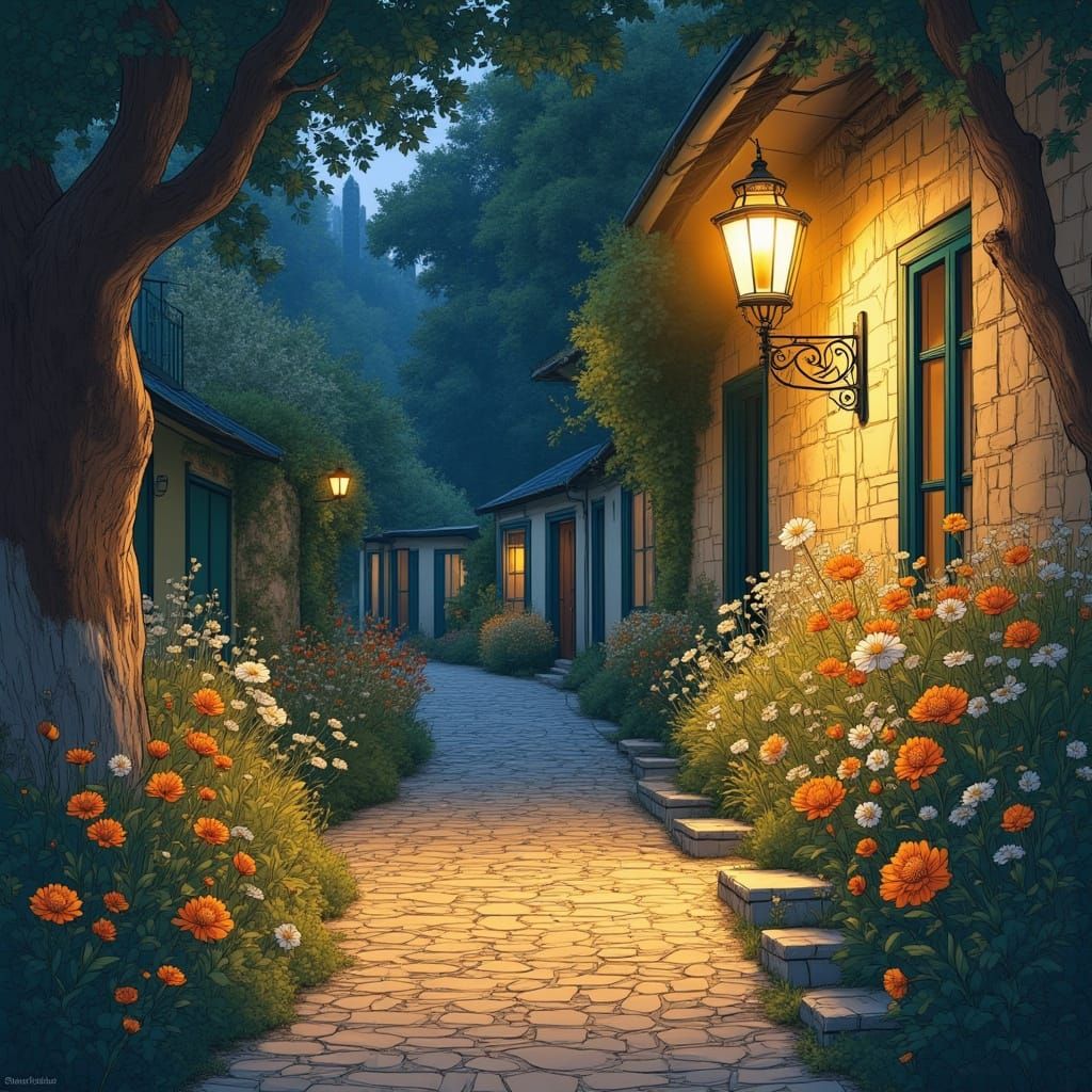 Whimsical Lantern Glow on Wildflower Path