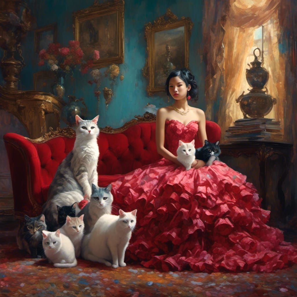 Beautiful girl in long frilly evening  dress, sitting in a room holding cats.