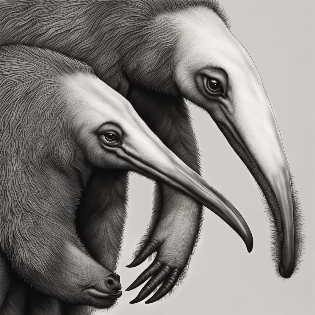 Detailed Charcoal Drawing of Black and White Anteaters
