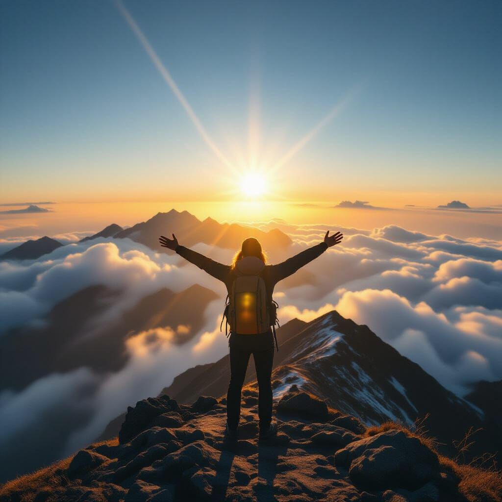 Hiker Summit Sunrise: Cinematic Aerial View