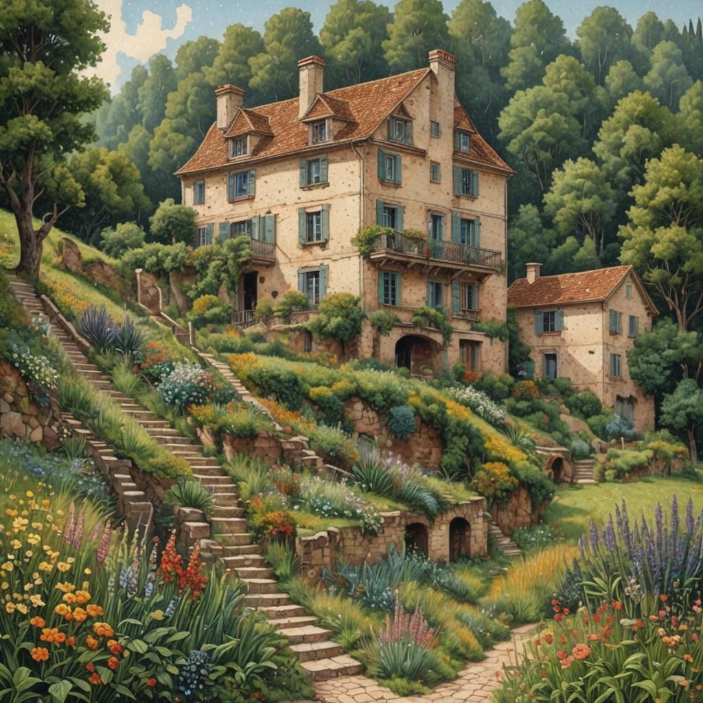 French Manor House in Pointillism Style