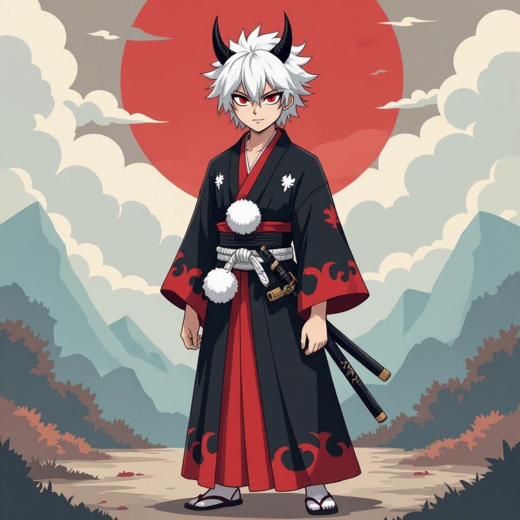 Anime Man in Black & Red Kimono with Fangs