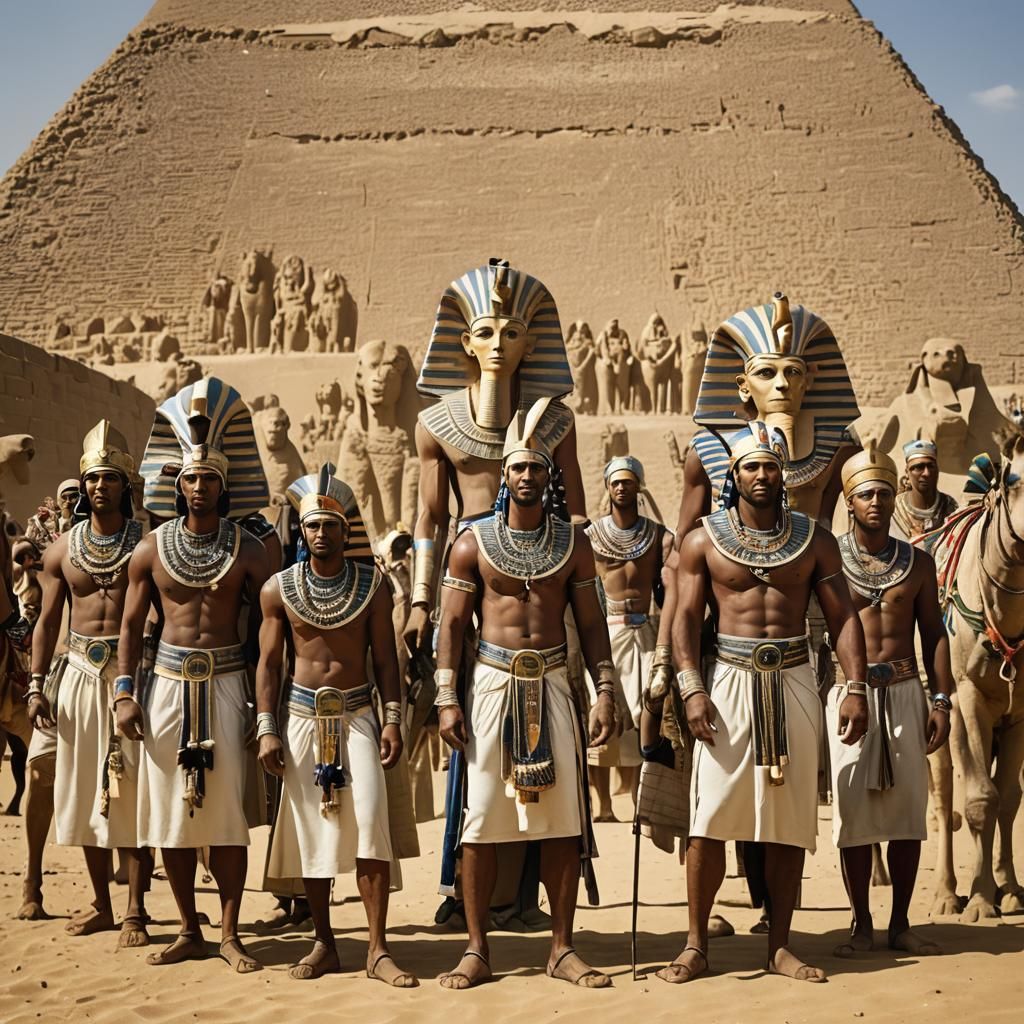 "Rameses and His People at the Pyramids." This scene captures Pharaoh Rameses and his people standing near the iconic py...