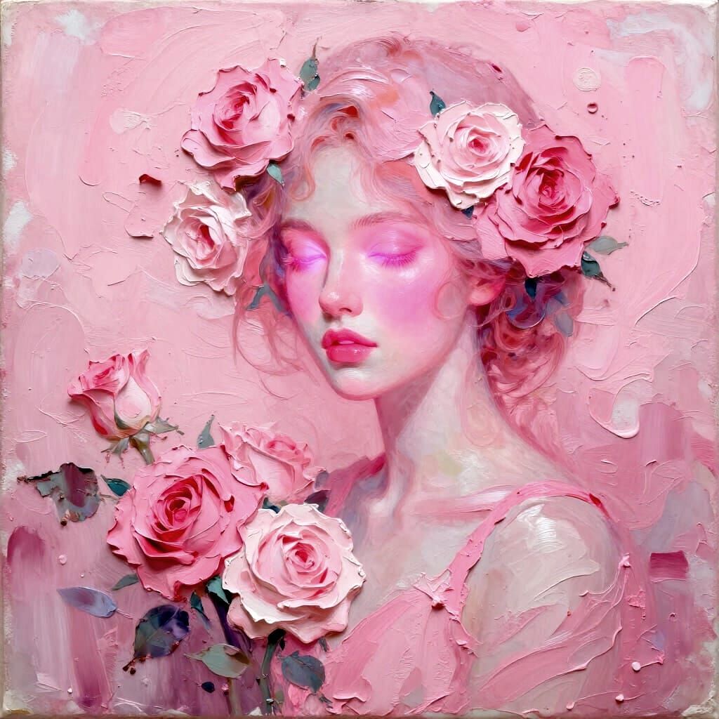 Ethereal Woman Adorned with Roses in Pink Neon
