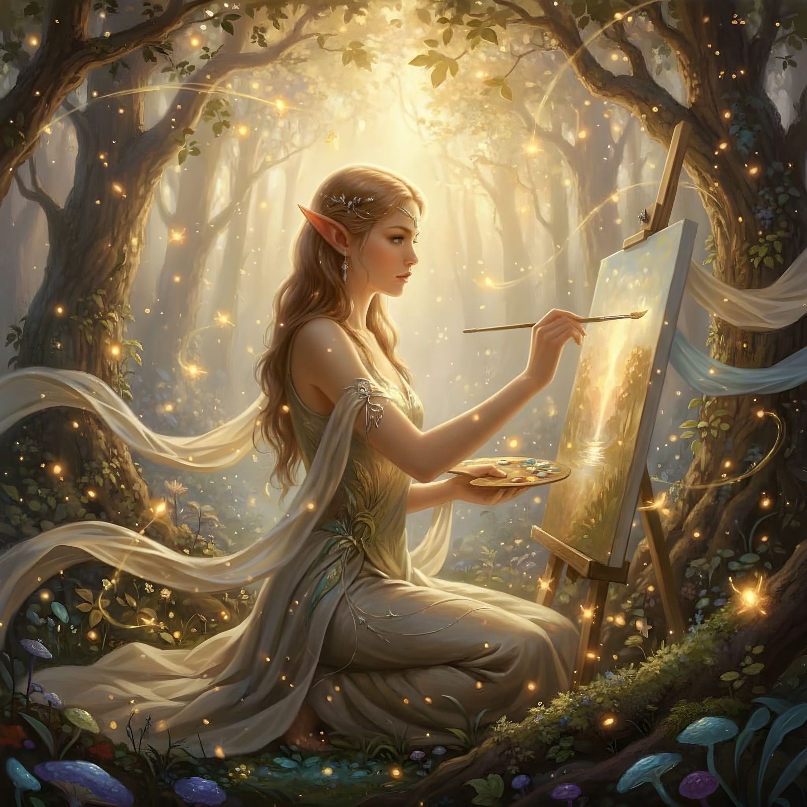 Elven Artist Paints Enchanted Forest with Golden Light