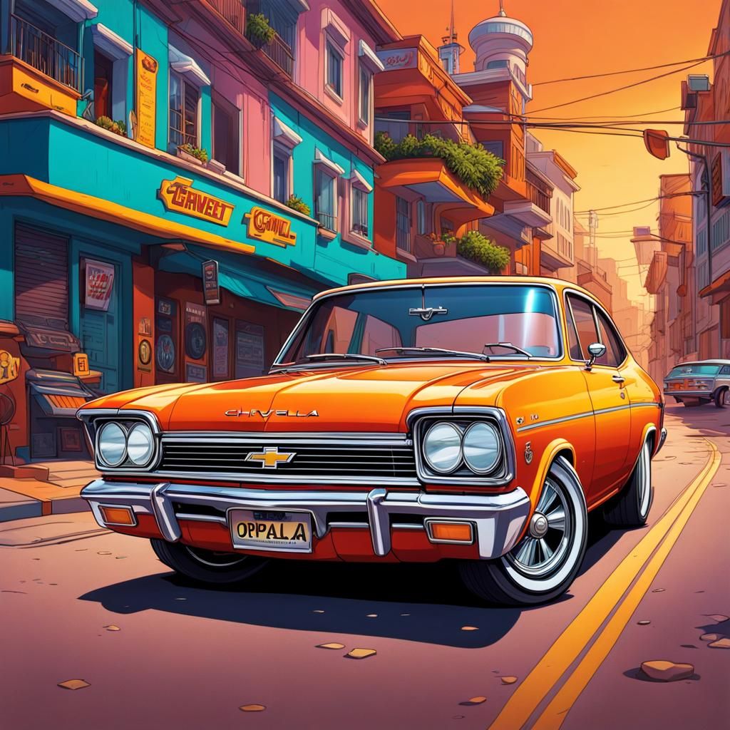 Cartoon Chevrolet Opala GM in Retro Setting