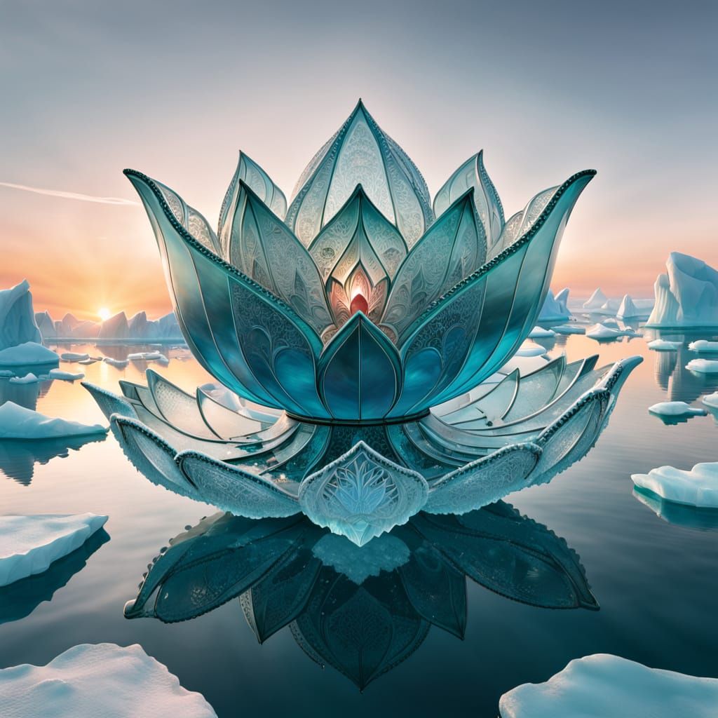 Ornate Lotus Ship Crafted of Ice-Blue Glass