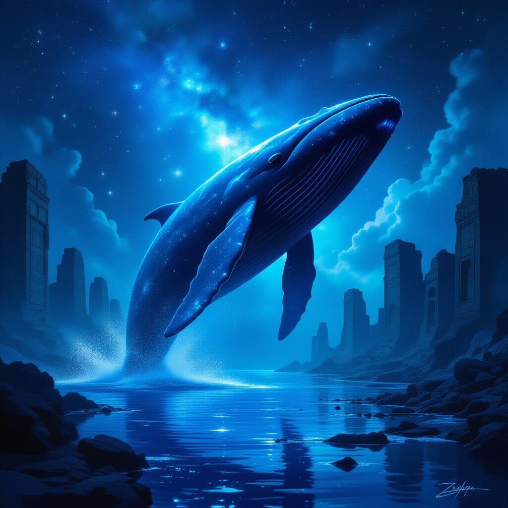 Bioluminescent Whale Breaches Cosmic Starlight Sea