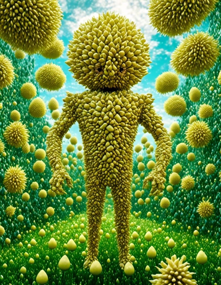 Anthropomorphic Dancing Durian in Maximalist Sci-Fi Art