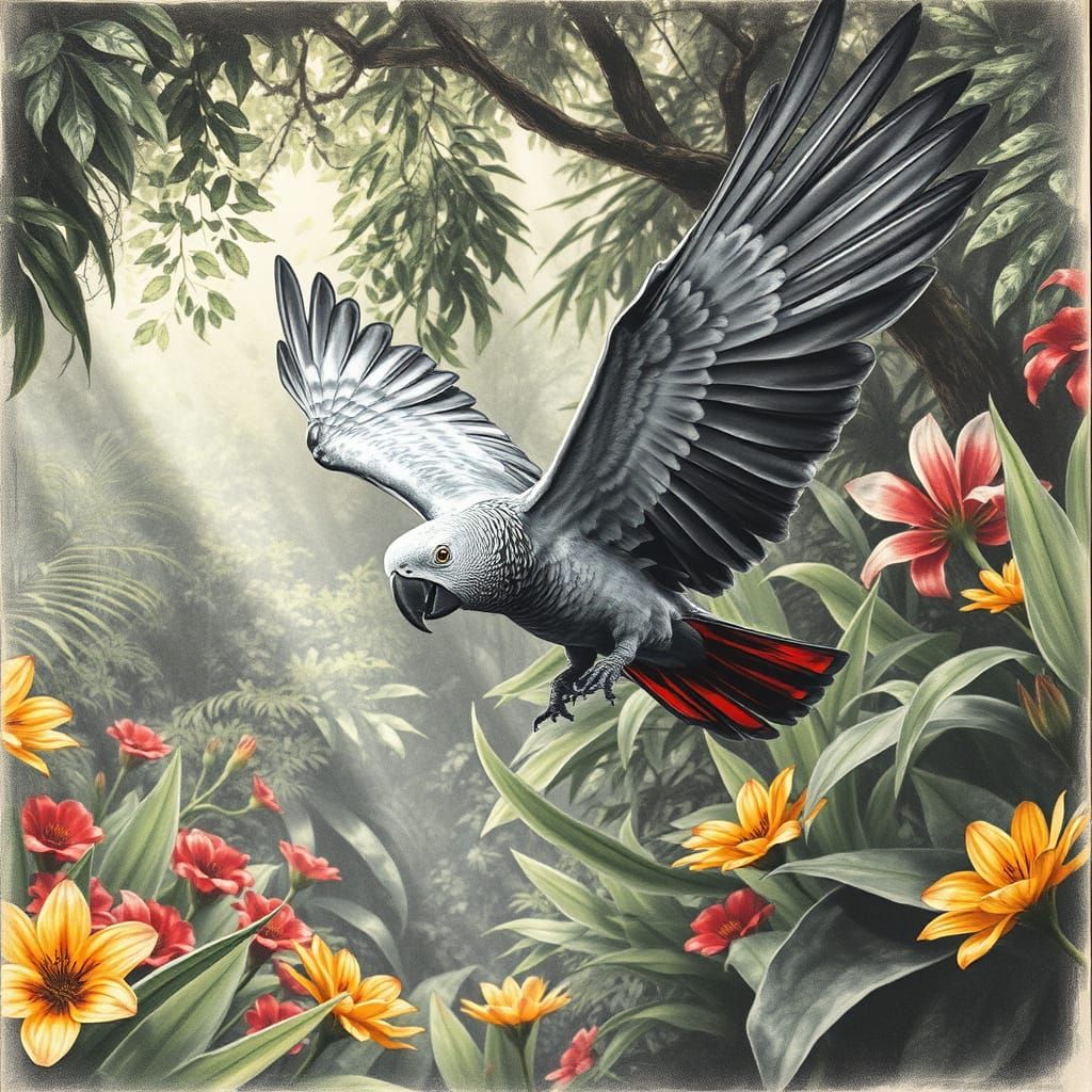 Majestic African Grey Parrot in Hyperdetailed Charcoal Fligh...
