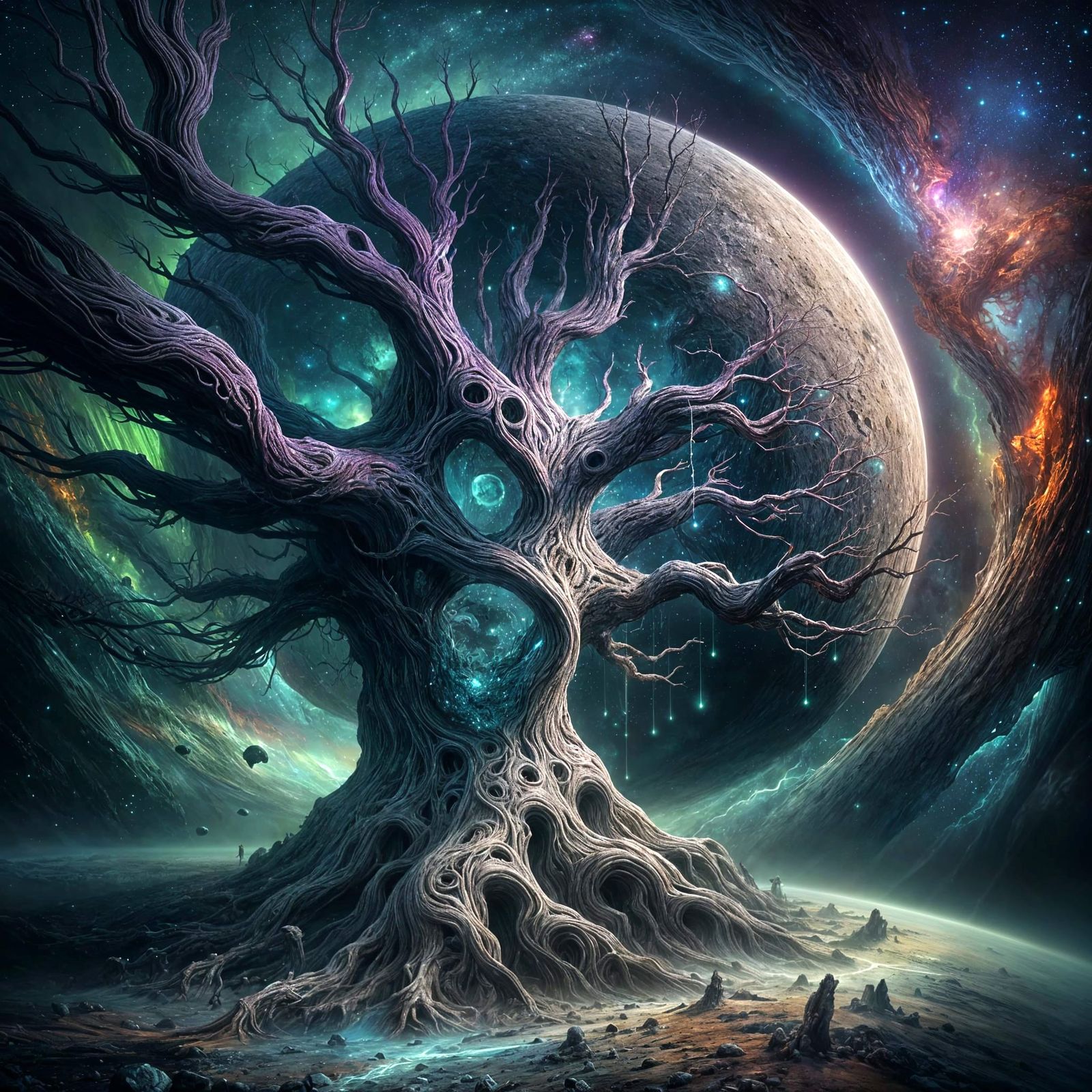 Ancient Tree with Bioluminescent Roots on Shattered Planet