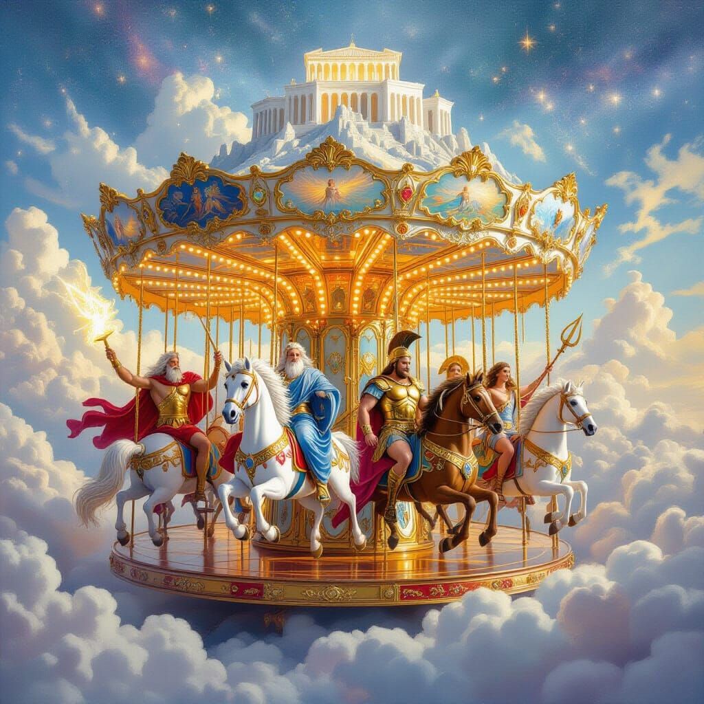 Magical Carousel with Greek Gods in Dreamlike Fantasy Oil Pa...