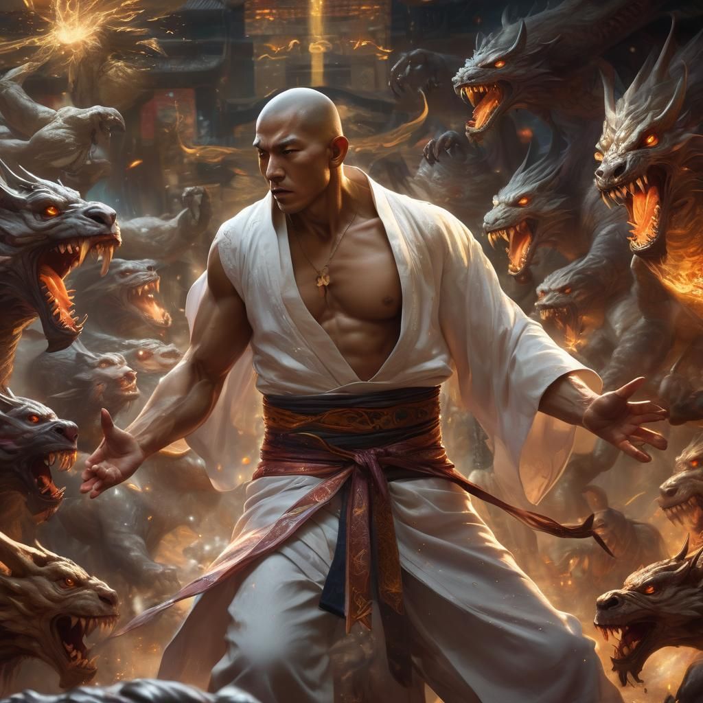 Oriental Monk Attacks Monsters with Magic Aura