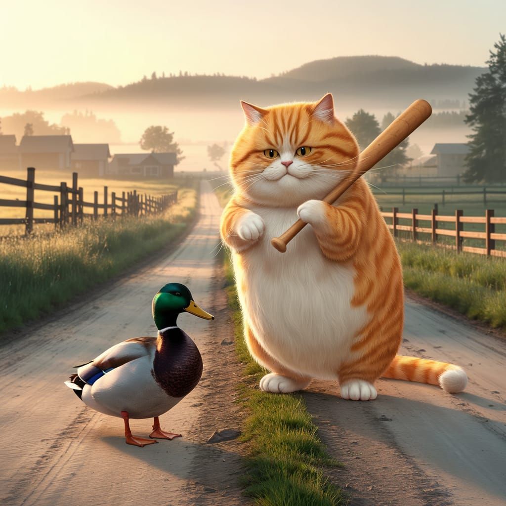 Chubby Orange Tabby Cat Plays Baseball at Sunrise in Rural C...