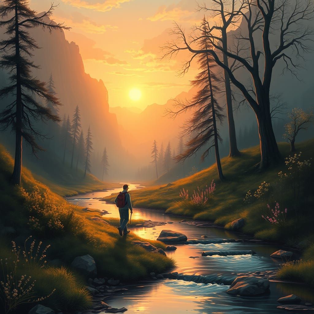 Lone Figure in Serene Valley at Sunset