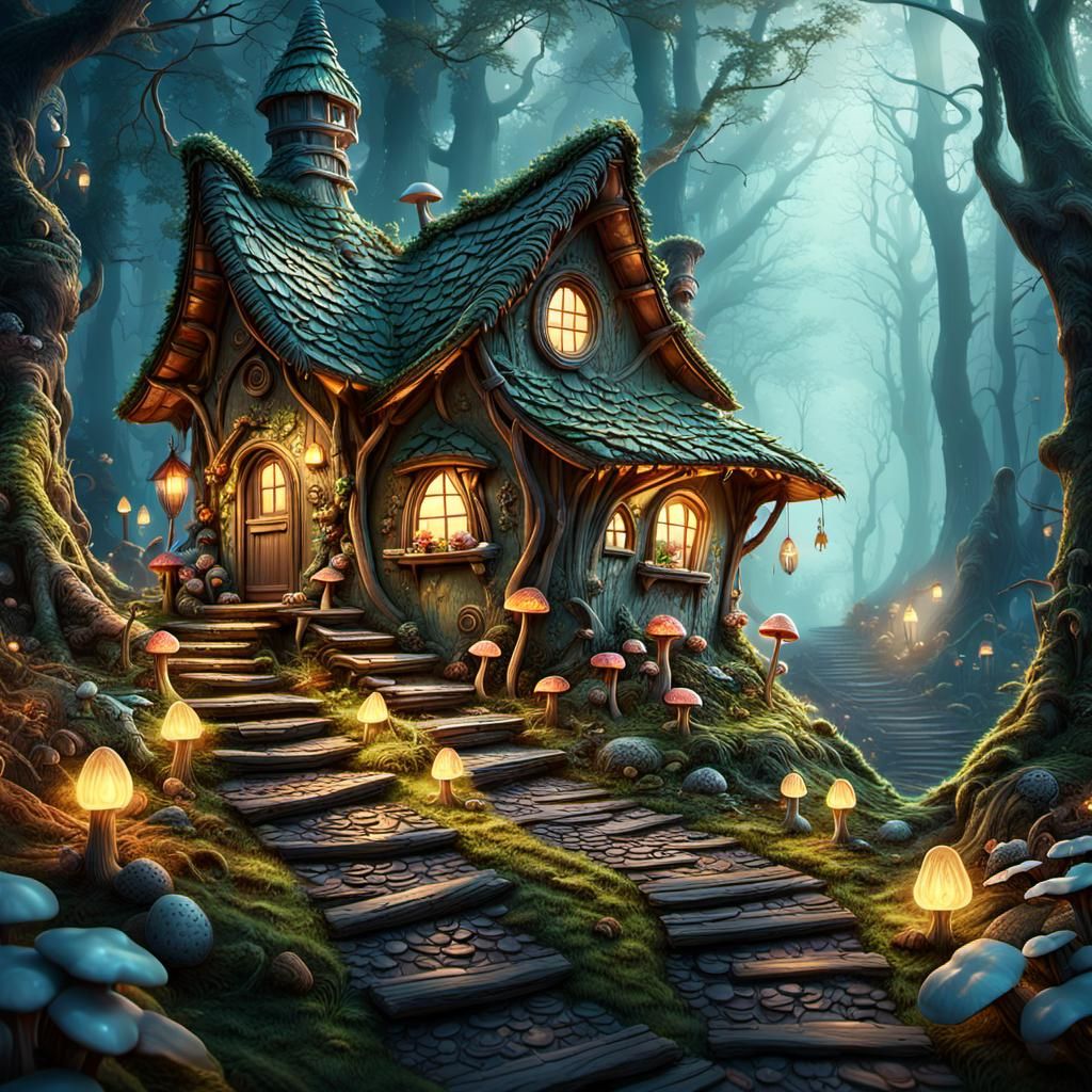 Enchanted Fairy Village in Misty Forest: Photorealistic
