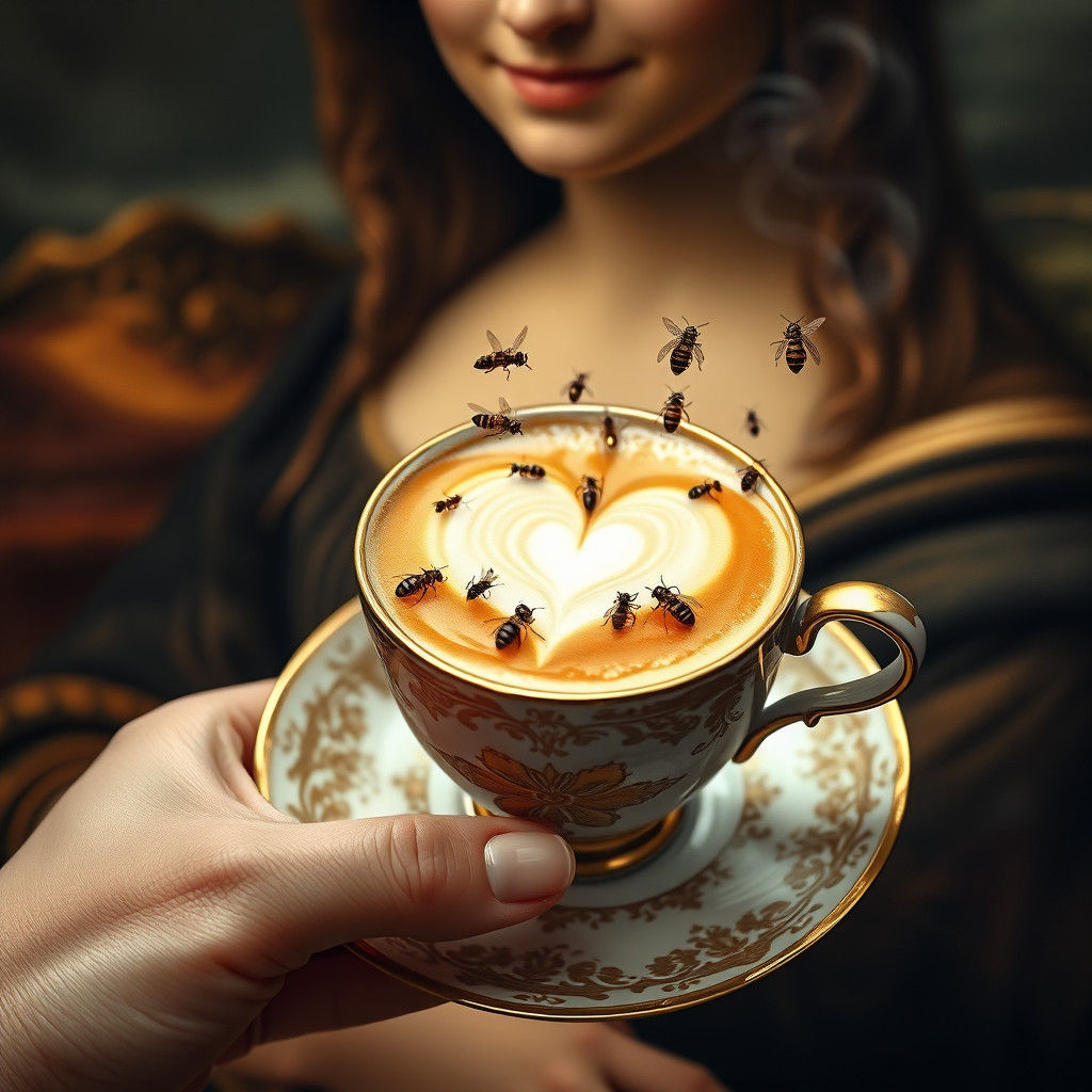 a hyper-photorealistic Mona Lisa is drinking a latte foam fu...