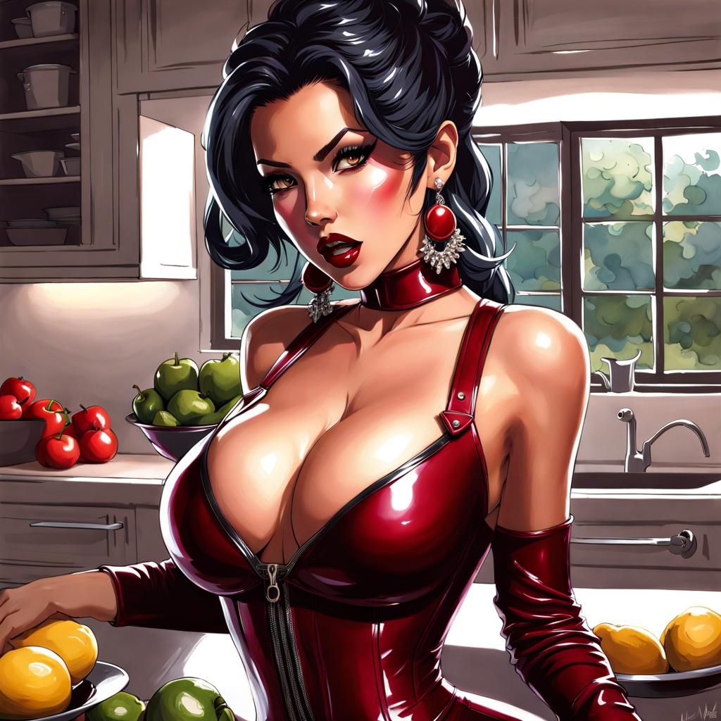 Striking Anime Portrait in Kitchen Setting