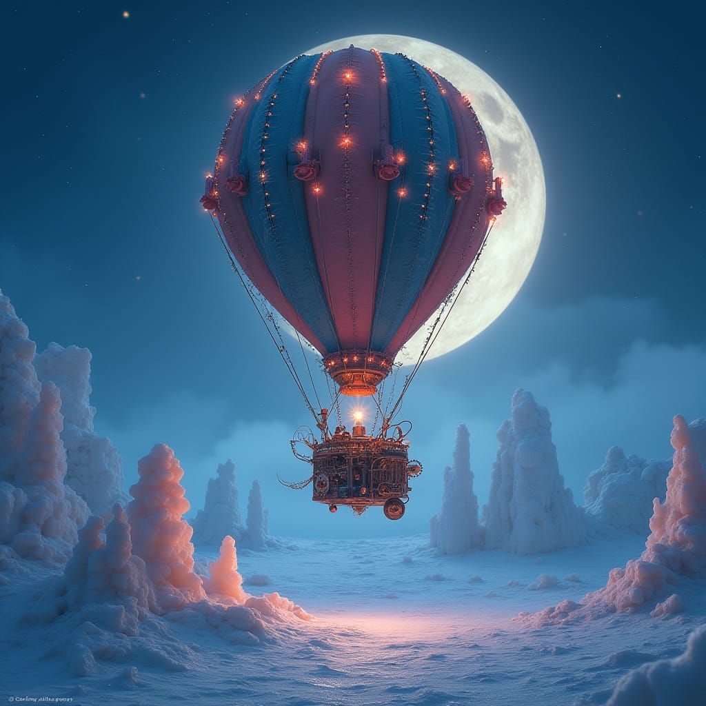 Steampunk Hot Air Balloon Over Snowy Desert at Night