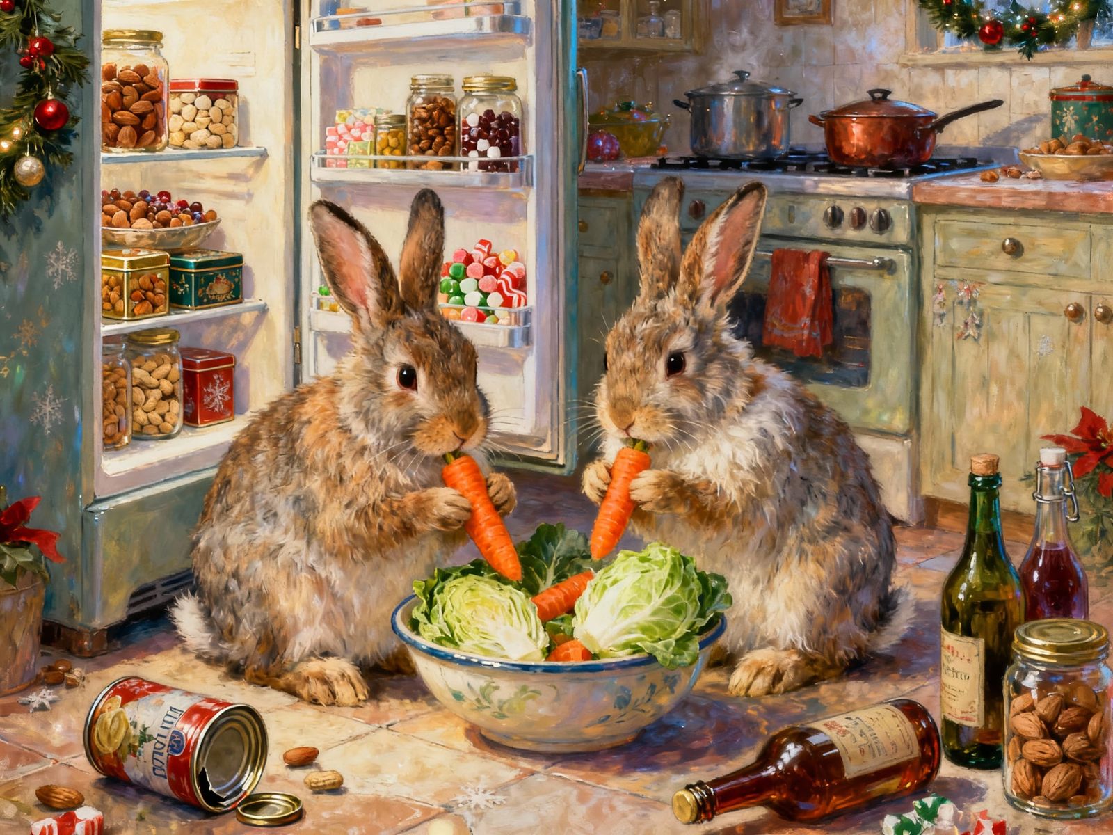 Festive Bunnies Enjoying Christmas Kitchen Feast