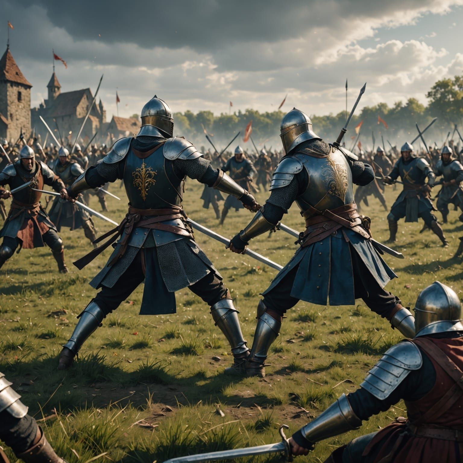 Epic Medieval Clash: Fantasy Swordsmen in a Fiery Field