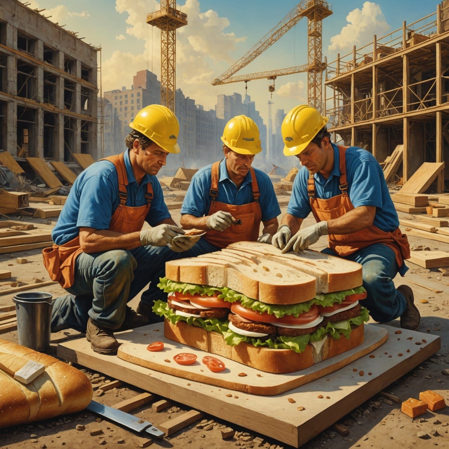 Surreal Construction Workers Build Sandwich