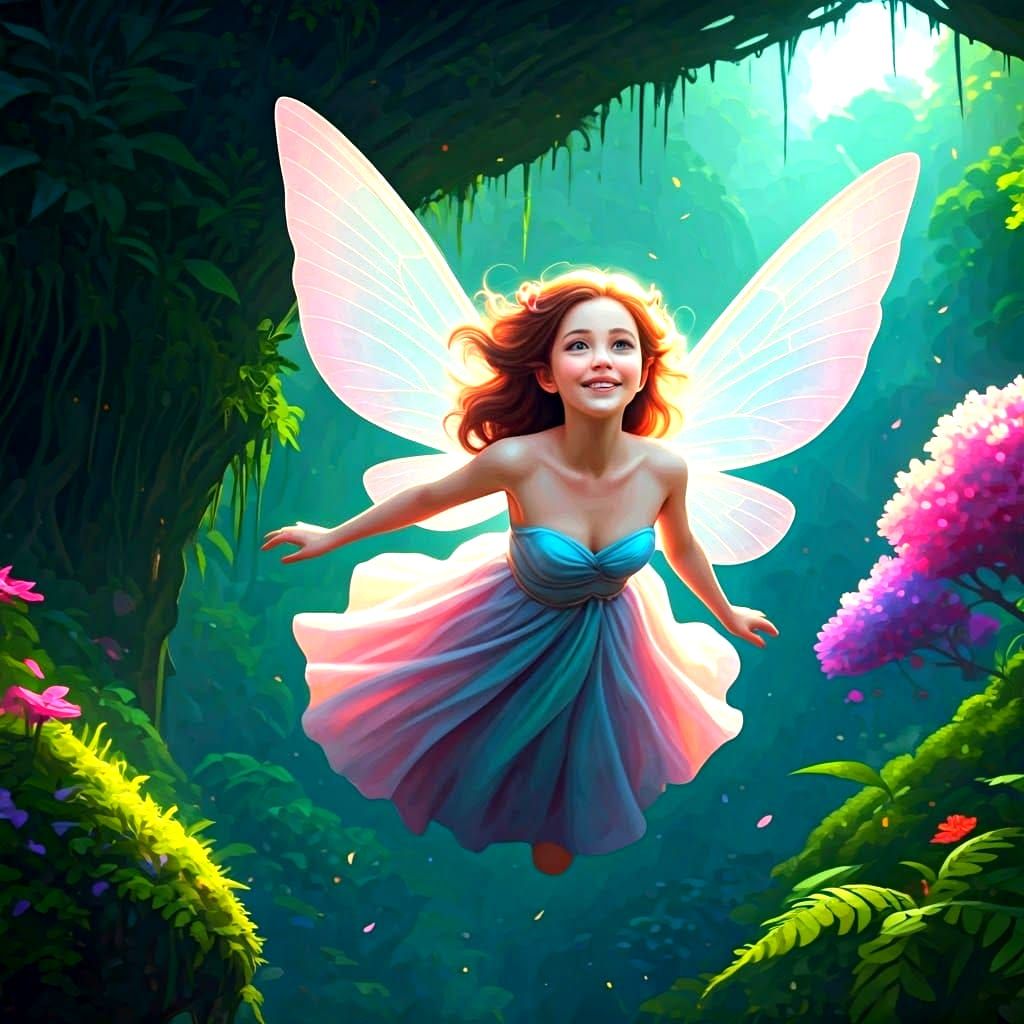 Fairy Girl Flying in a Lush Fantasy Landscape