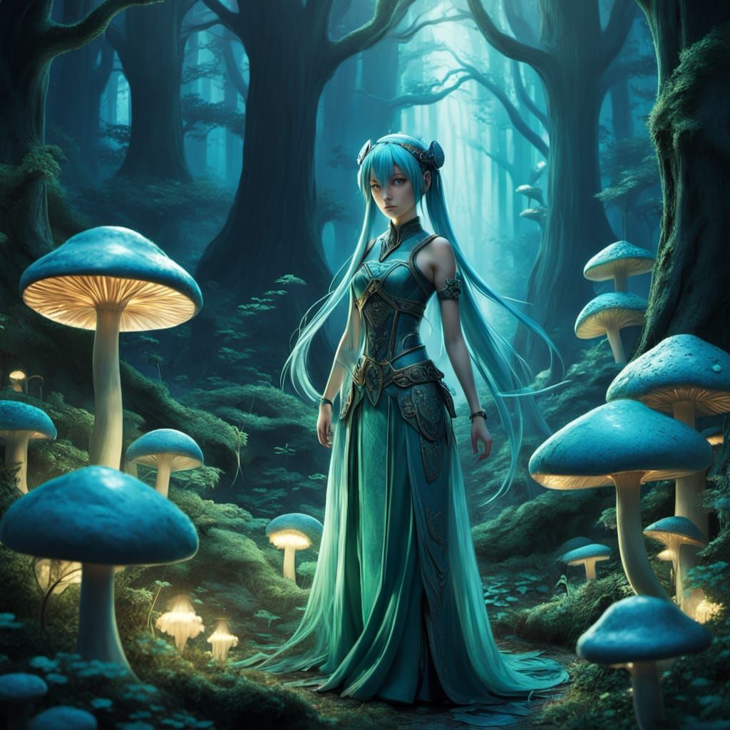 Mystical Miku in Vibrant Fantasy Forest