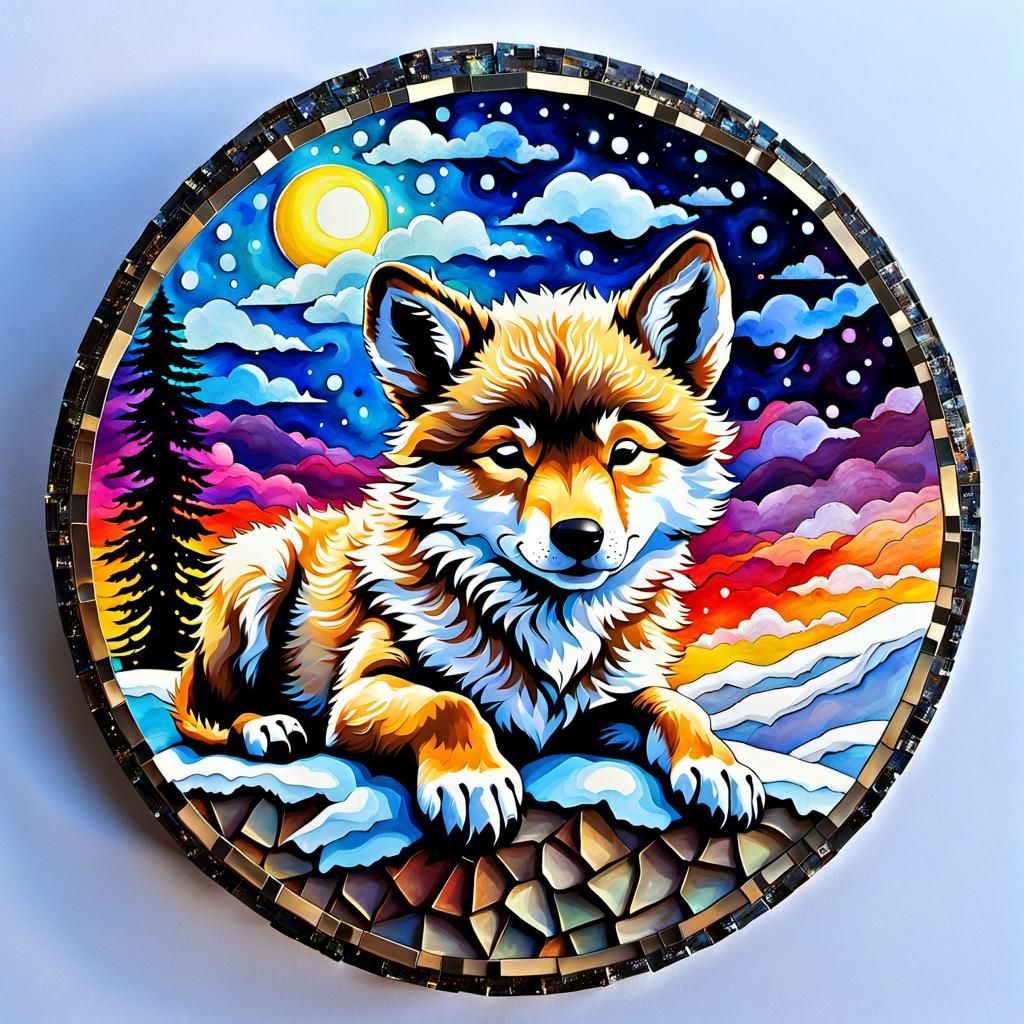Chibi Wolf Cub Sleeping Under Colorful Sky