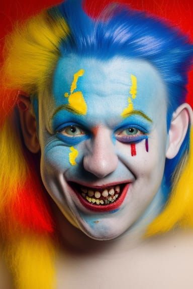 Blue-Haired Clown Portrait with Glowing Eyes