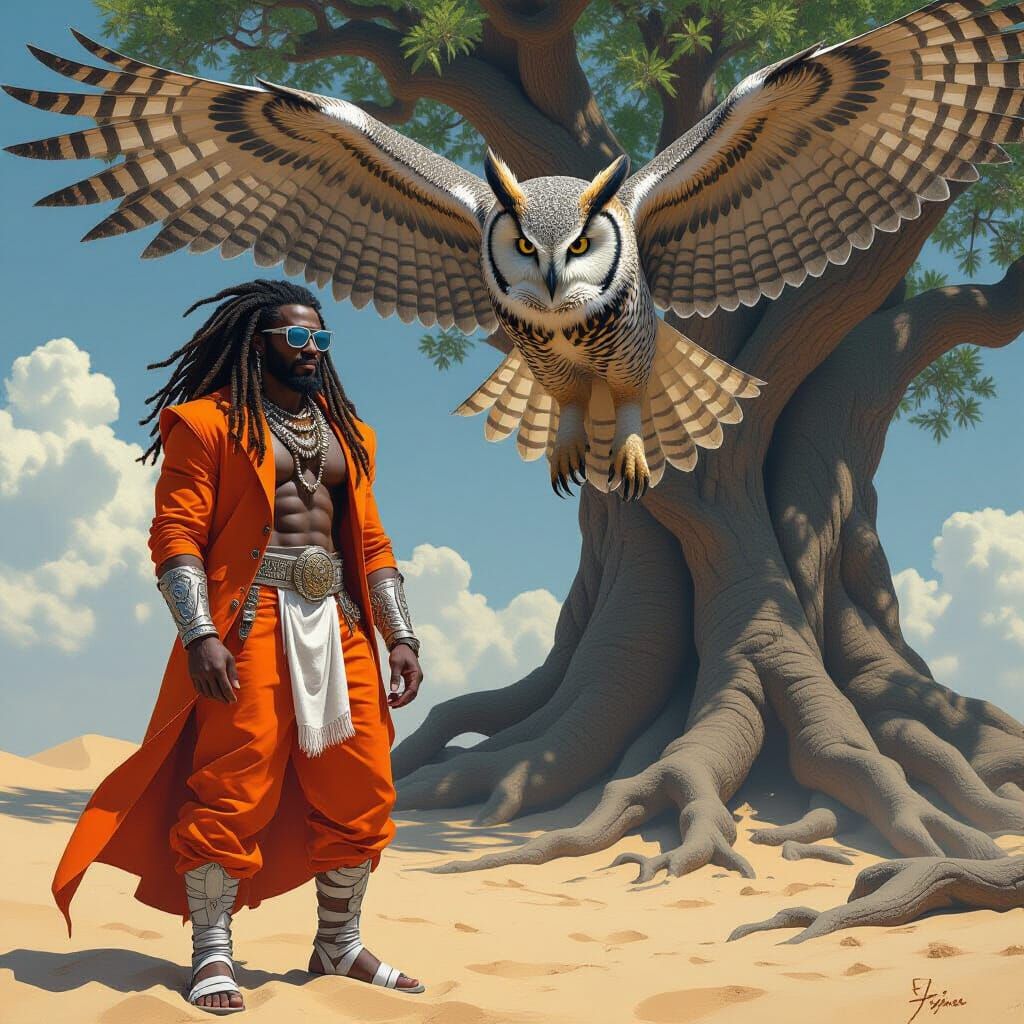 African Warrior With Dreadlocks and Giant Owl