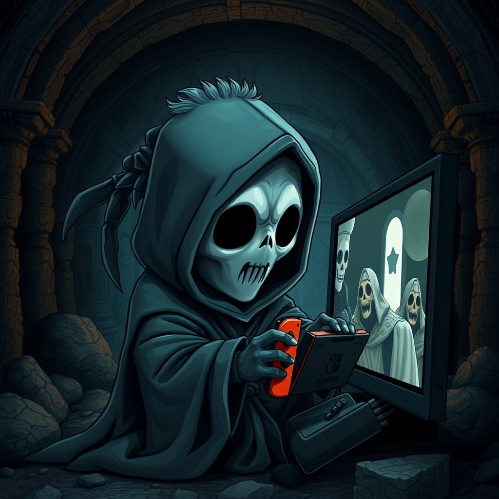 Photorealistic Grim Reaper Plays Nintendo Switch