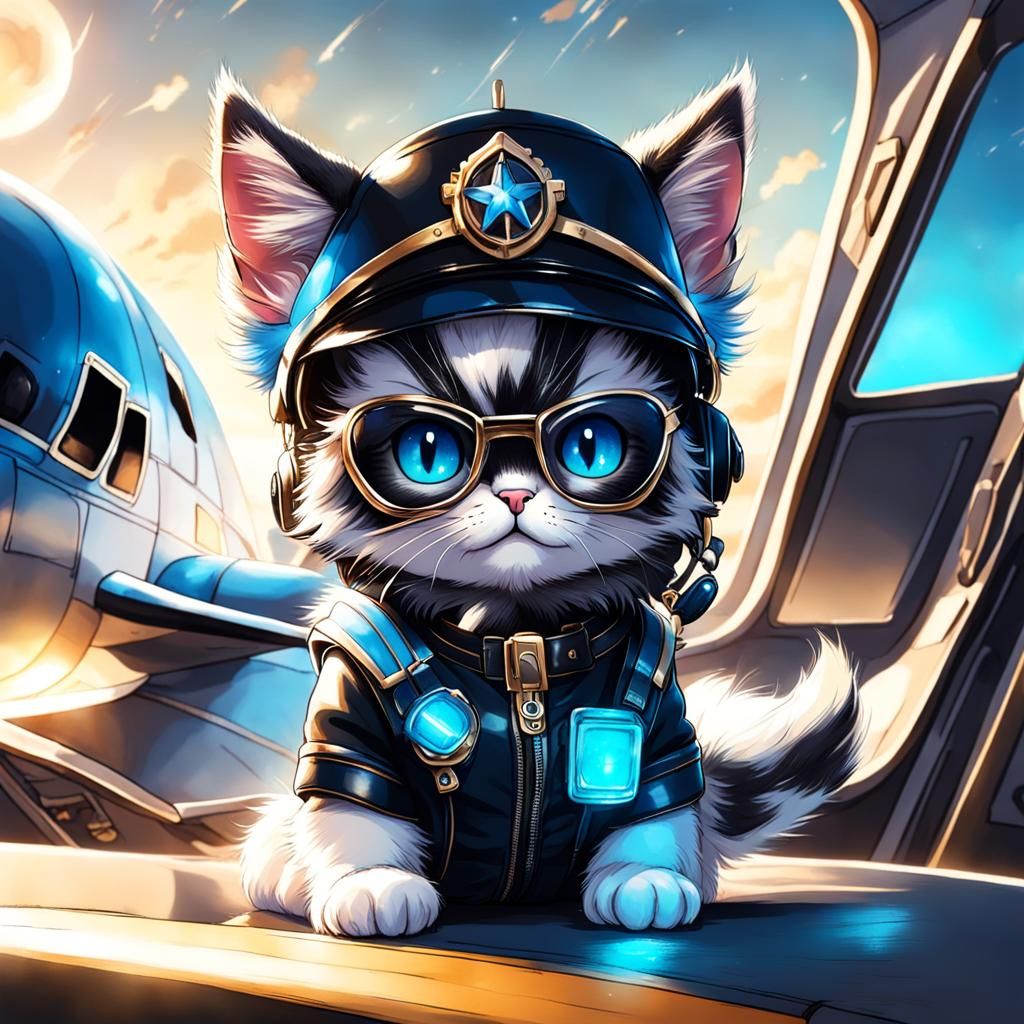 Fantasy Kitten Pilot with Blue Eyes in Plane