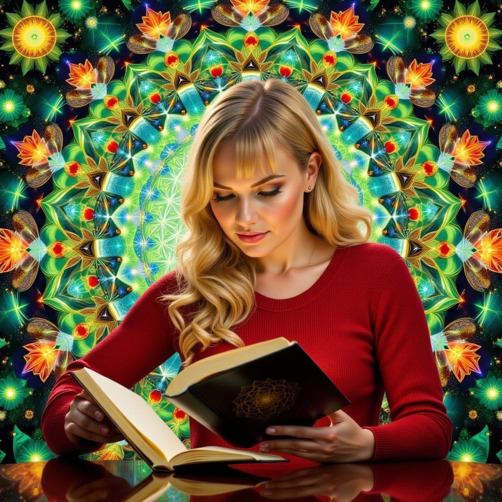 Kaleidoscopic Woman Reading Book with Flower Mandalas