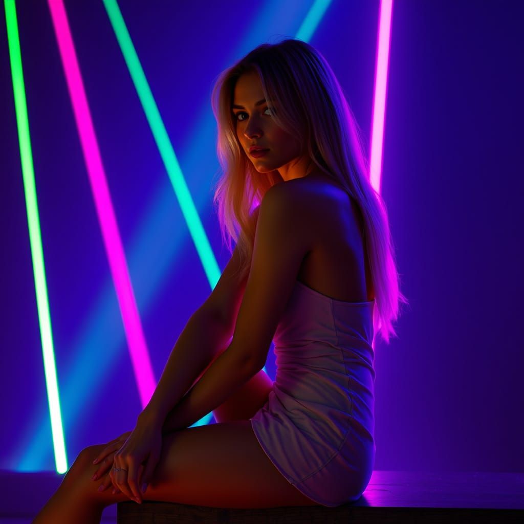 Sensual Blonde Woman Under Neon Lights