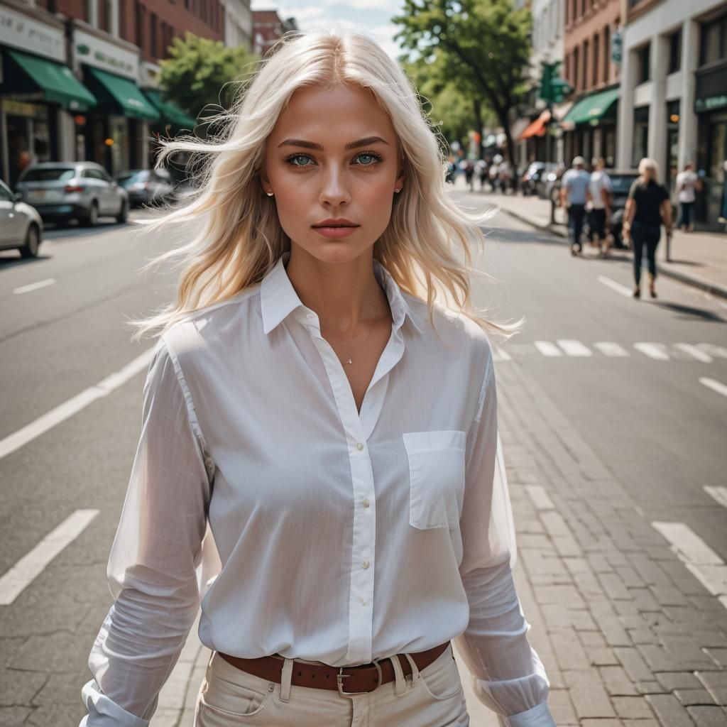 Elegant Woman with Platinum Hair Walking in Town