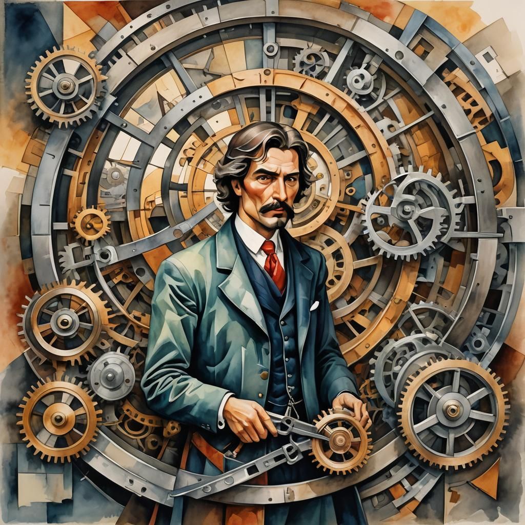 Clockmaker's Rebellion: Watercolor Cubism Time Defiance