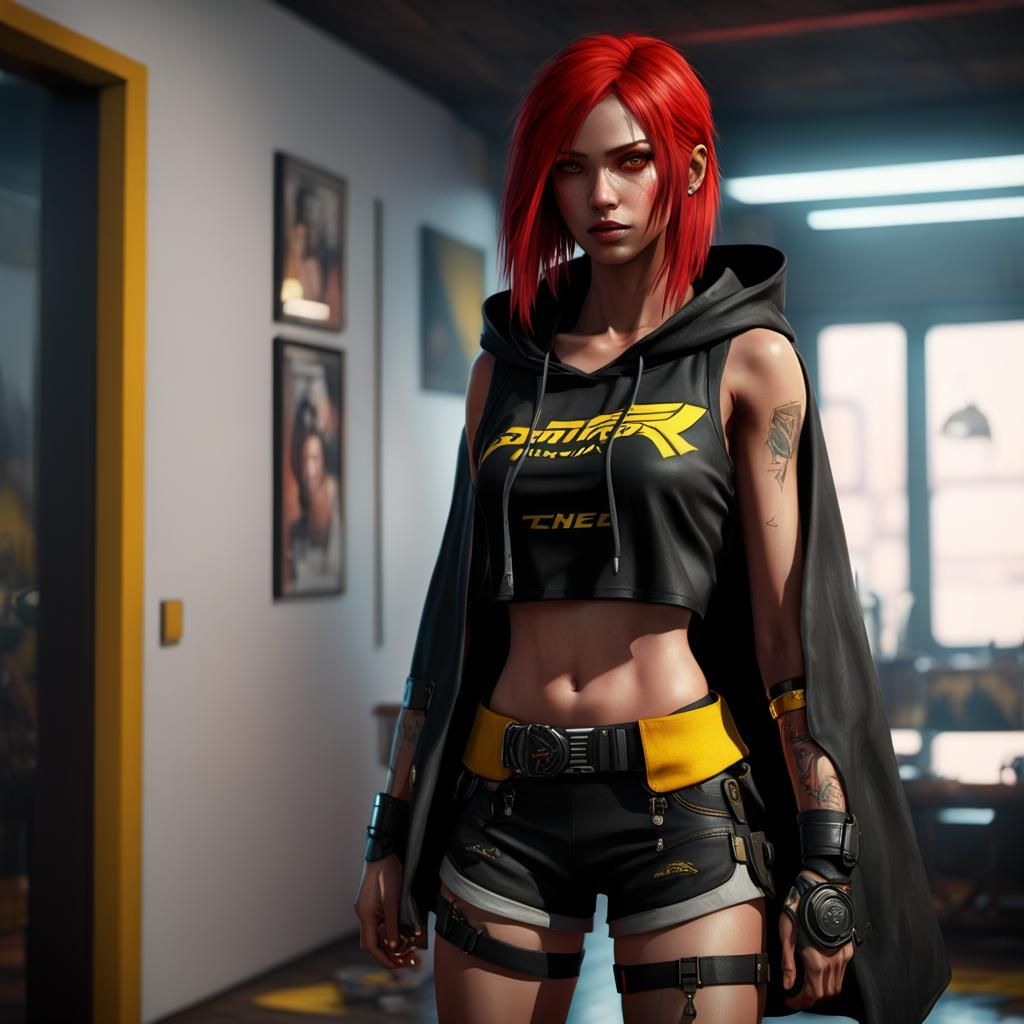 Young girl, Latina, tall, slim, bright sharp facial features, very pretty, bright eyes, red and yellow hair, short hoode...