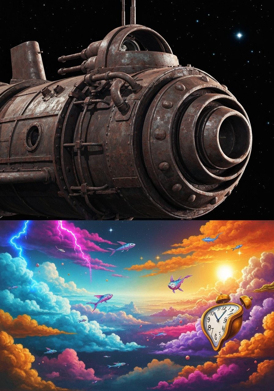 Surreal Sci-Fi Dreamscape with Rusty Spaceship